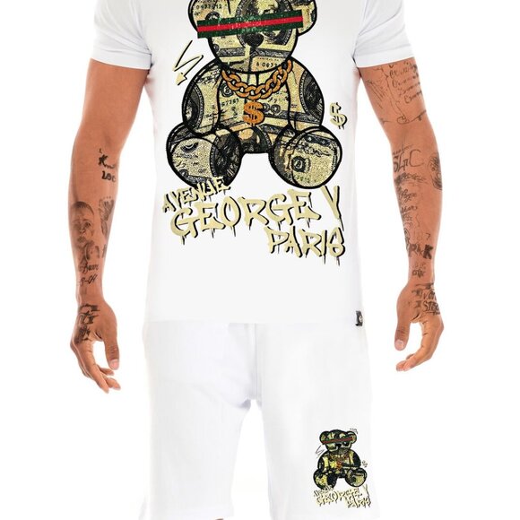 Avenue George V Paris Short Set Men's White 2 piece set Teddy Bear Rhinestone - Picture 4 of 6